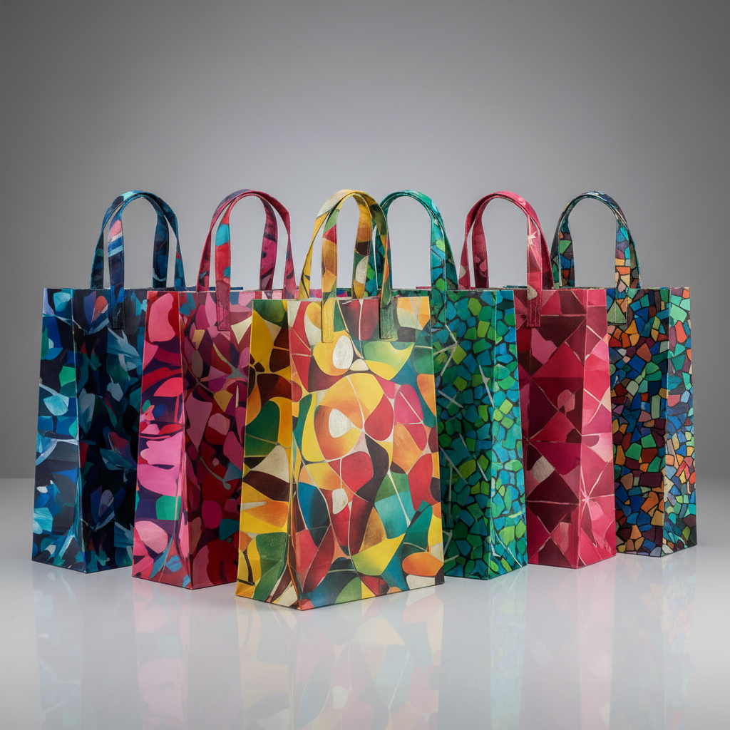 Retail shelf display of BOPP laminated woven polypropylene bags with full-color printed branding